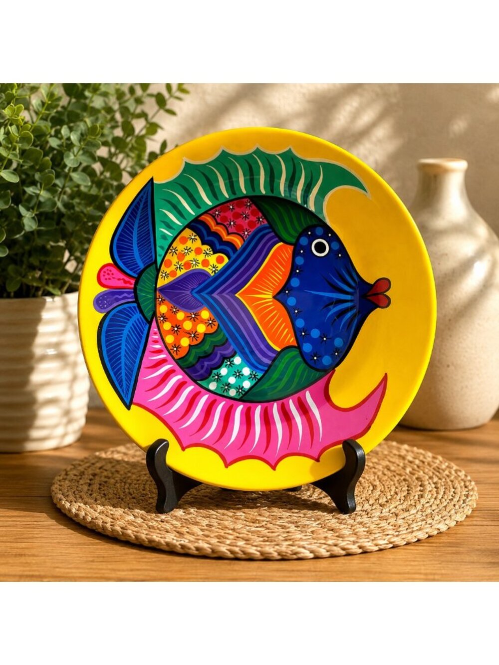Large Colorful Fish Platter 16” Tropical Wall Decor Plate Coastal Mexican Style